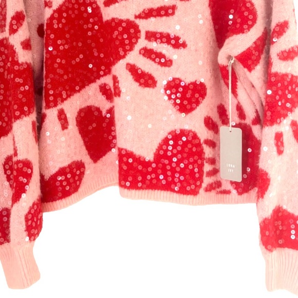 Luna Ivy size S pink w red hearts sequins long sleeve crew neck pullover sweater - Picture 7 of 16